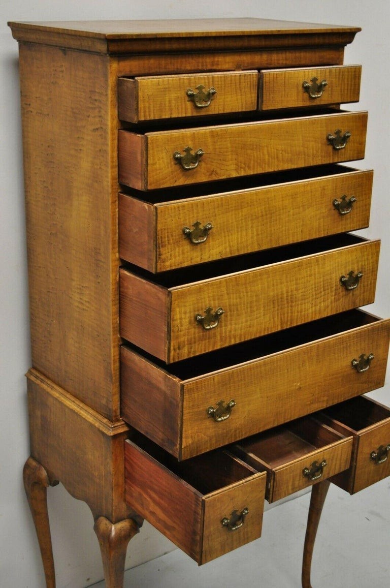 Antique New England Queen Anne Curly Tiger Maple Small Chest Dresser Highboy