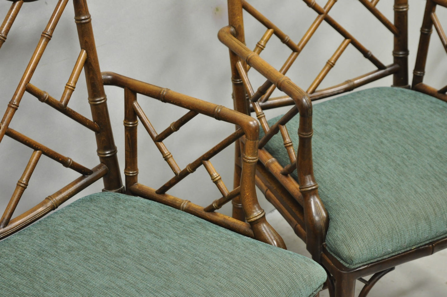 Vintage Chinese Chippendale Faux Bamboo Wood Fretwork Dining Arm Chairs - a Pair