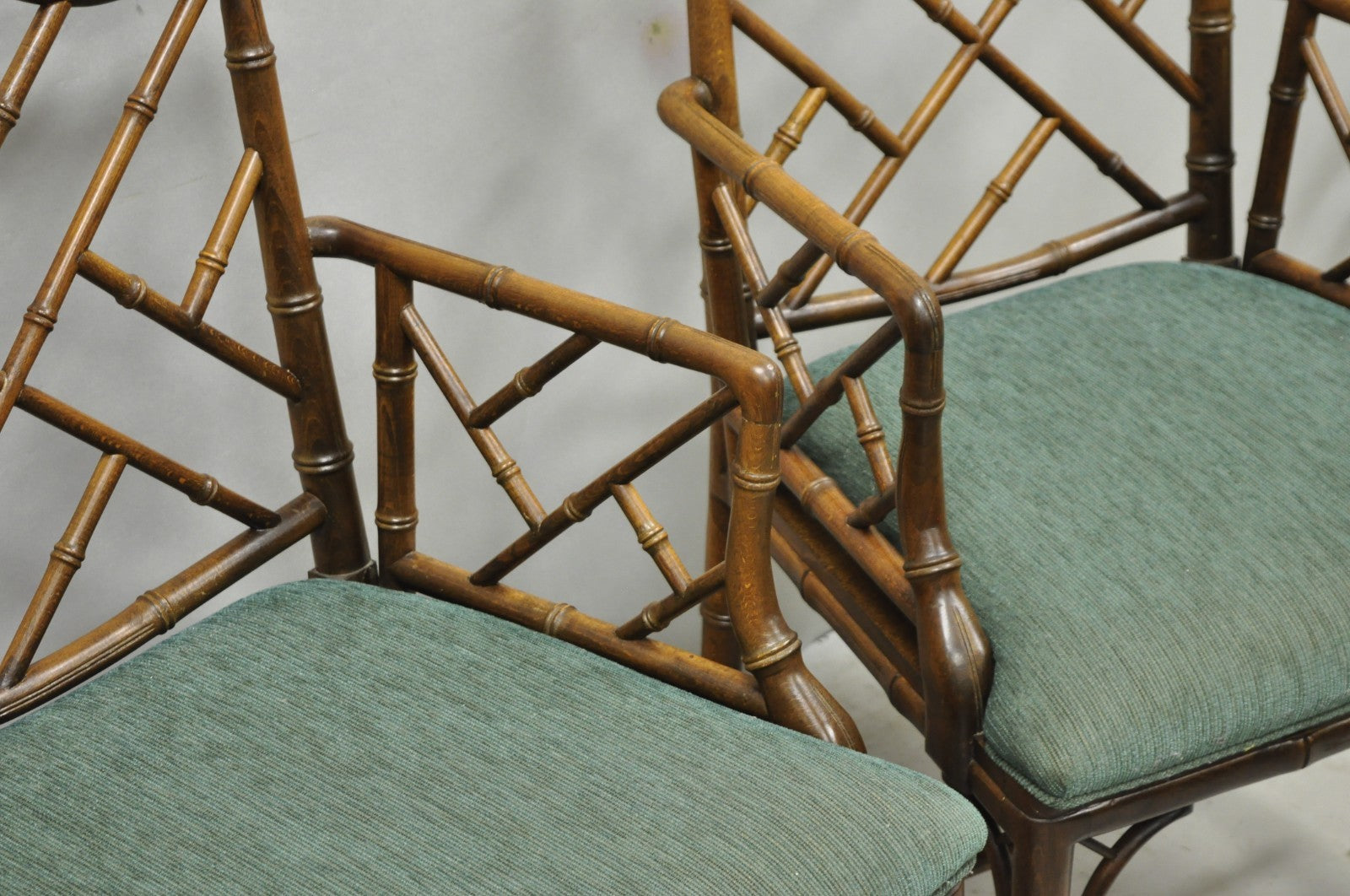Vintage Chinese Chippendale Faux Bamboo Wood Fretwork Dining Arm Chairs - a Pair