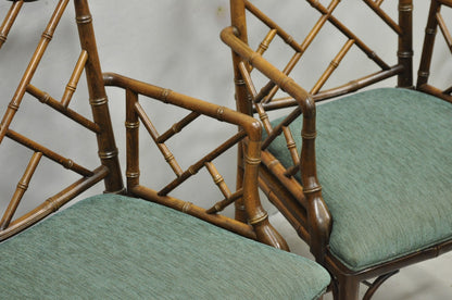 Vintage Chinese Chippendale Faux Bamboo Wood Fretwork Dining Arm Chairs - a Pair