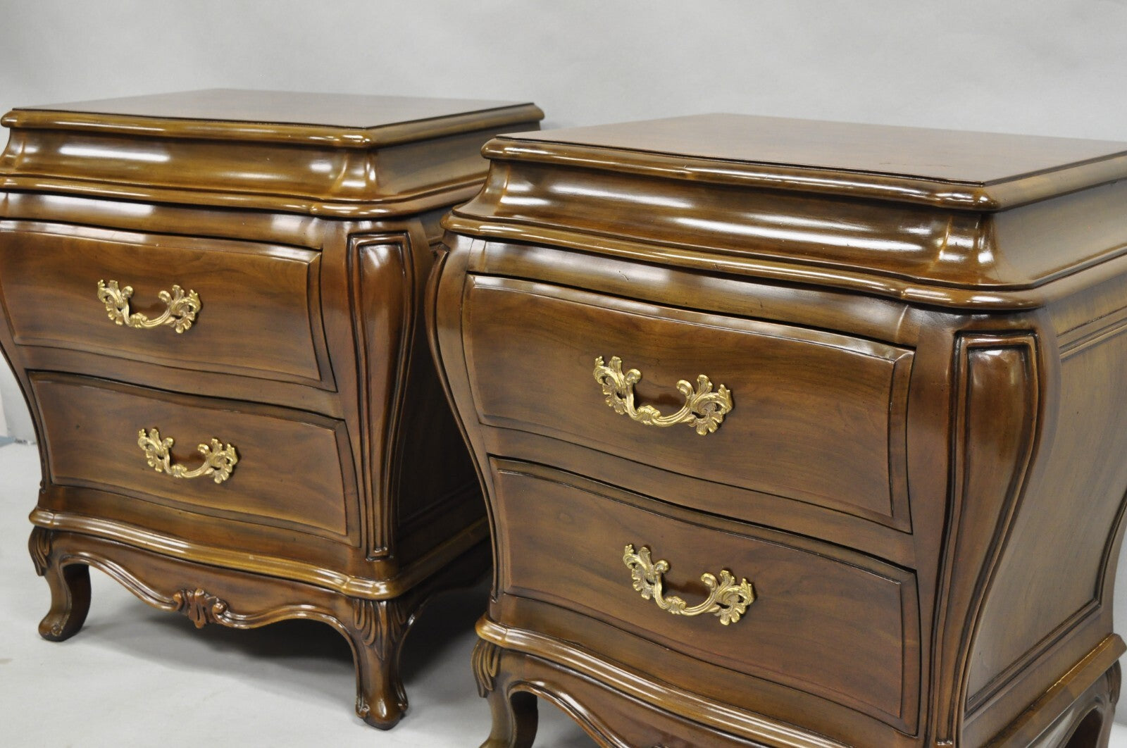 Karges French Louis XV Provincial Style Cherry Wood Bombe Nightstands - a Pair