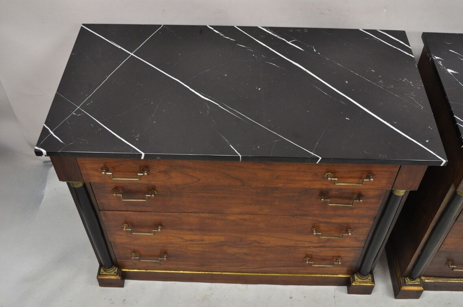 French Empire Neoclassical Style Marble Top Cherry Wood Commode Chest - a Pair