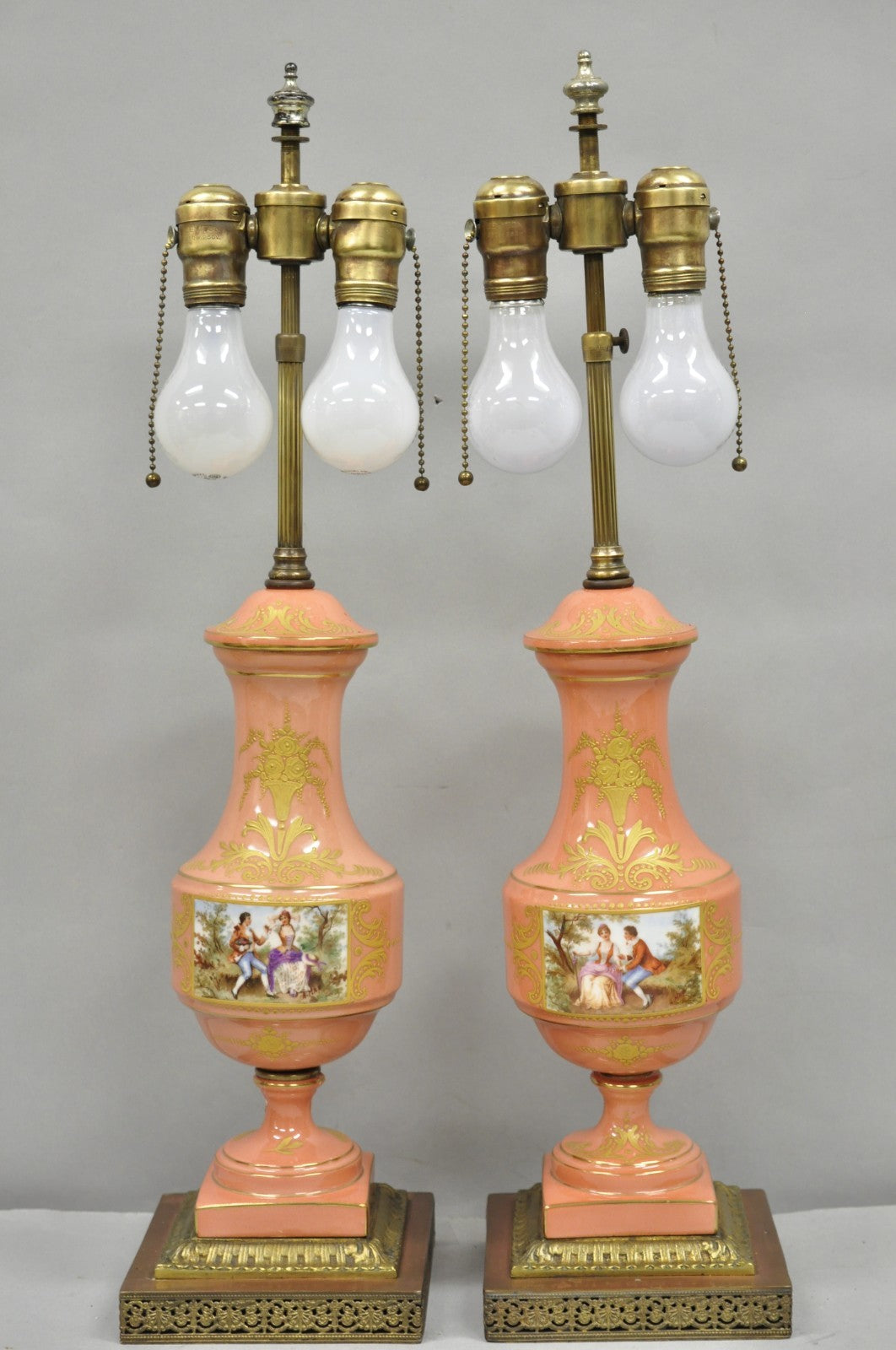 Antique French Victorian Paris Porcelain Coral Figural Painted Table Lamps, Pair