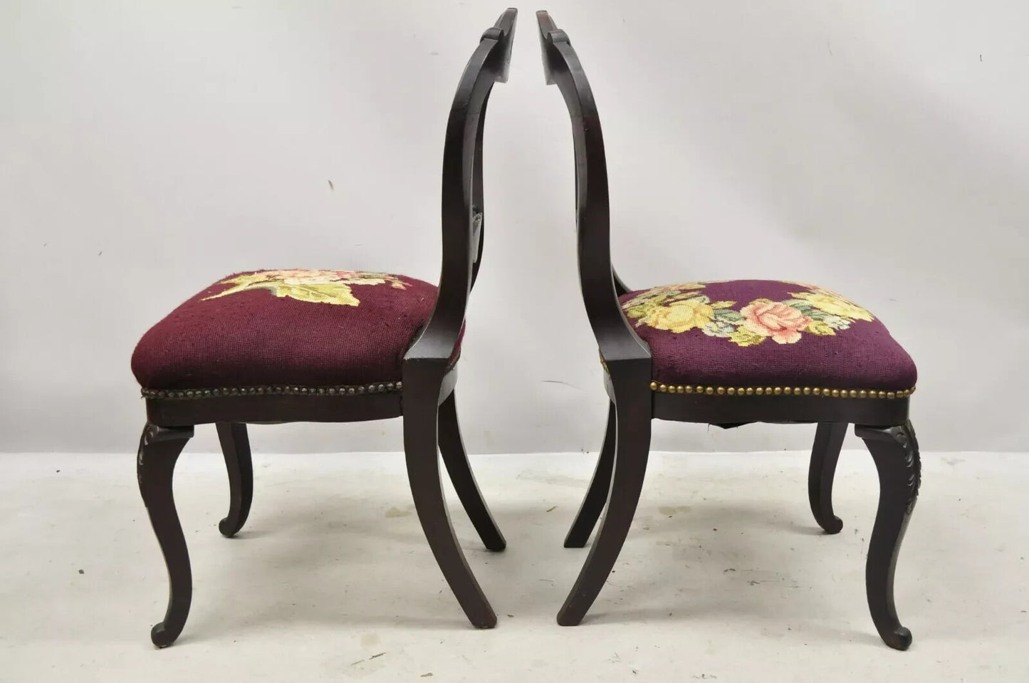 Antique Eastlake Victorian Carved Mahogany Needlepoint Parlor Side Chairs - Pair