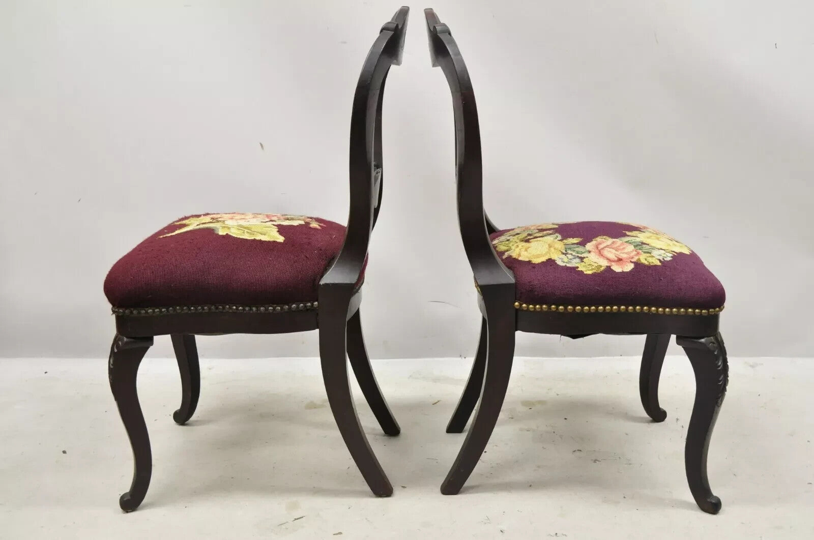 Antique Eastlake Victorian Carved Mahogany Needlepoint Parlor Side Chairs - Pair