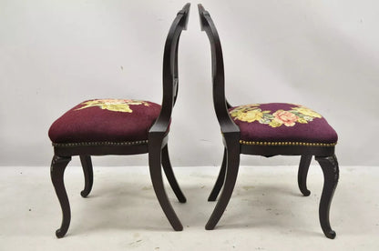Antique Eastlake Victorian Carved Mahogany Needlepoint Parlor Side Chairs - Pair