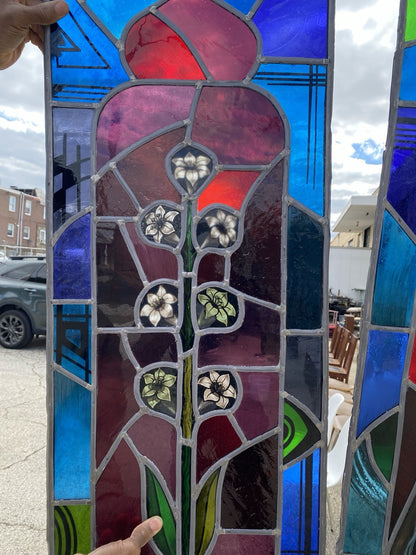 Vintage Art Deco Blue & Red Leaded Stained Glass Church Window w/ Cross - 6 Pcs