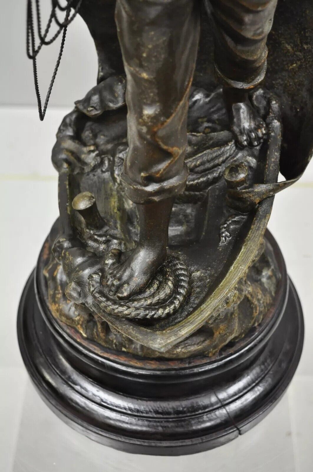 Antique French Spelter Metal Sailor Watchman on Ship Wooden Base, Made in France