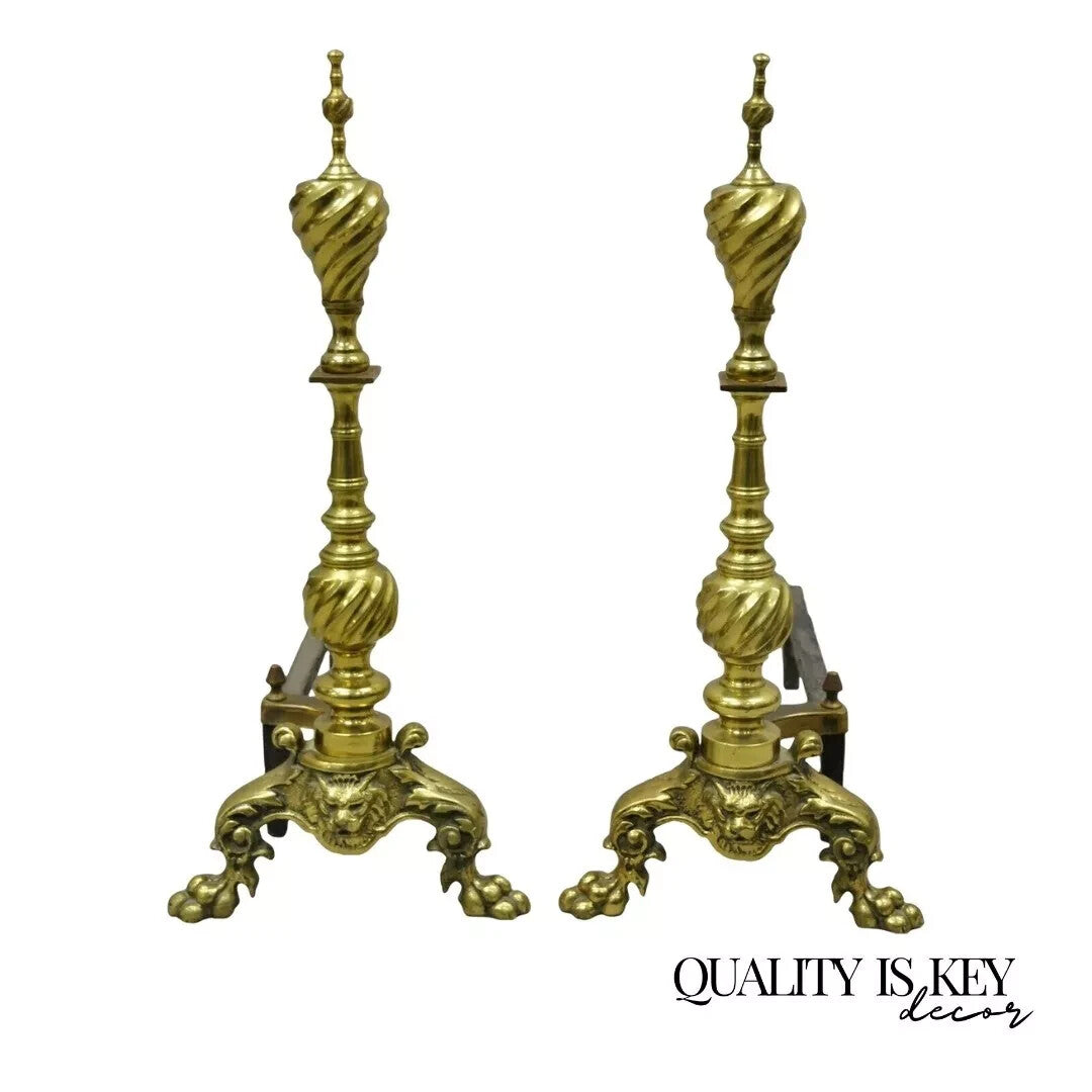 Antique Empire Brass Cast Iron Lion Head Spiral Twist Paw Feet Andirons - a Pair