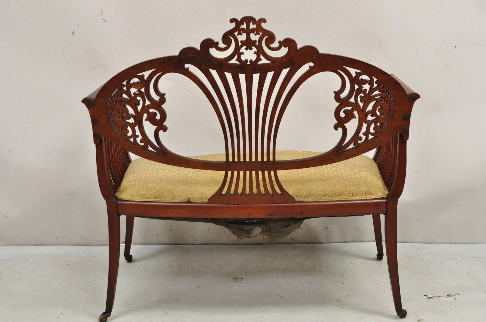 Antique Victorian Mahogany Carve Fretwork Sofa Parlor Bench Settee Loveseat