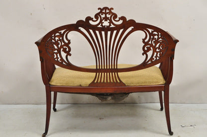 Antique Victorian Mahogany Carve Fretwork Sofa Parlor Bench Settee Loveseat