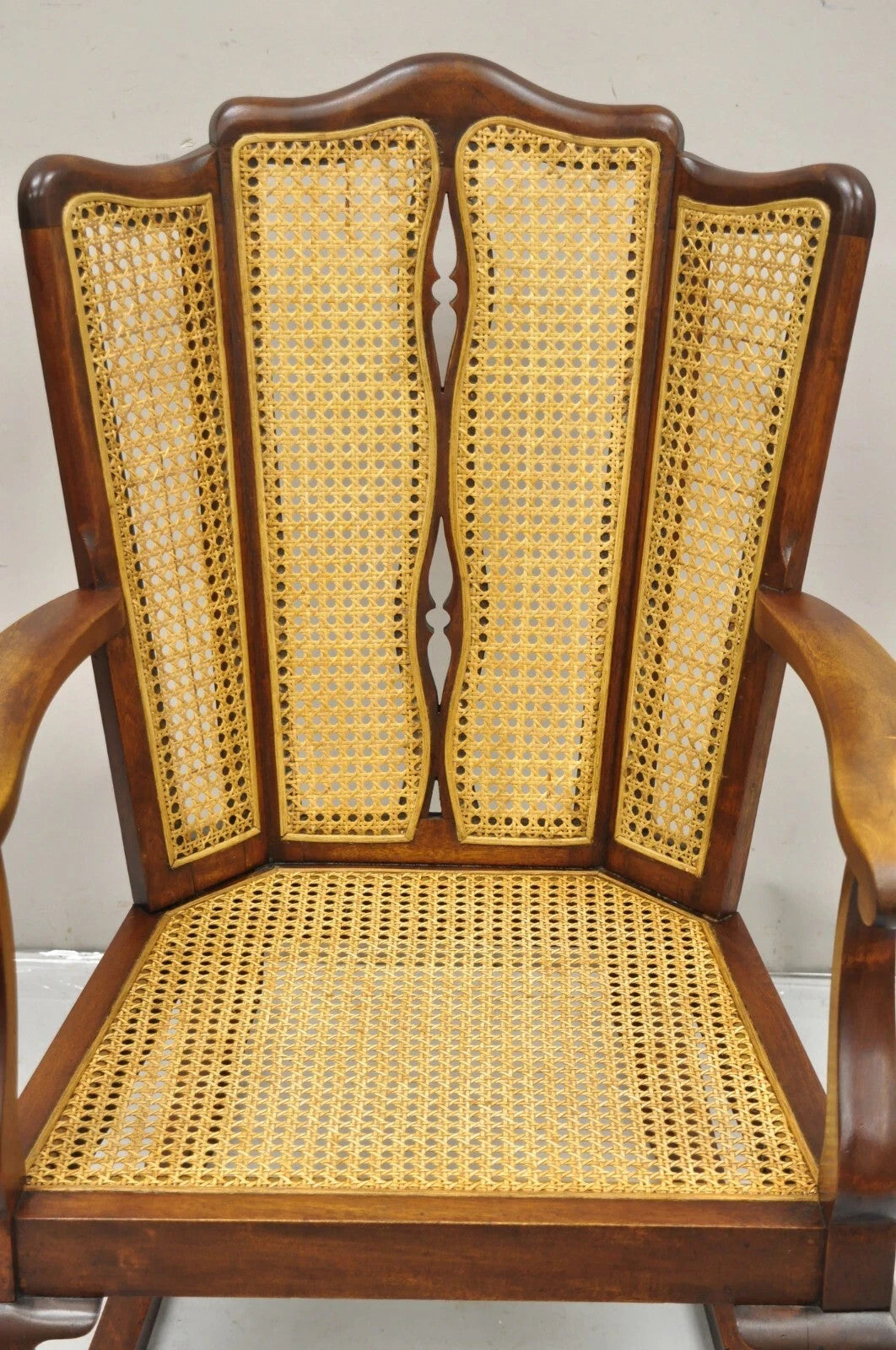 Antique Victorian Walnut and Cane Carved Rocker Rocking Chair w/ Queen Anne Legs