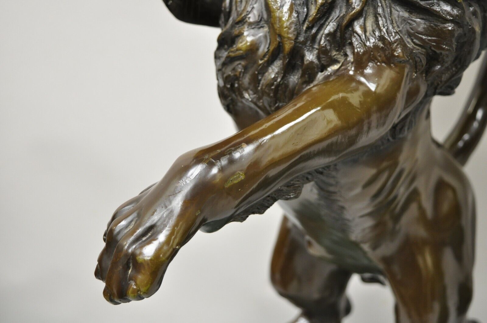 Cast Bronze Figural Lion Sculpture Marble Top Pedestals after P.J Mene - a Pair