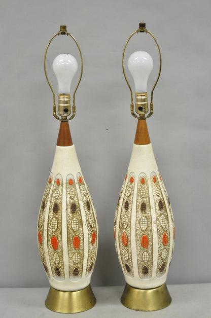 Vintage Mid Century Modern Ceramic Pottery Sculpted Teak Wood Table Lamps - Pair
