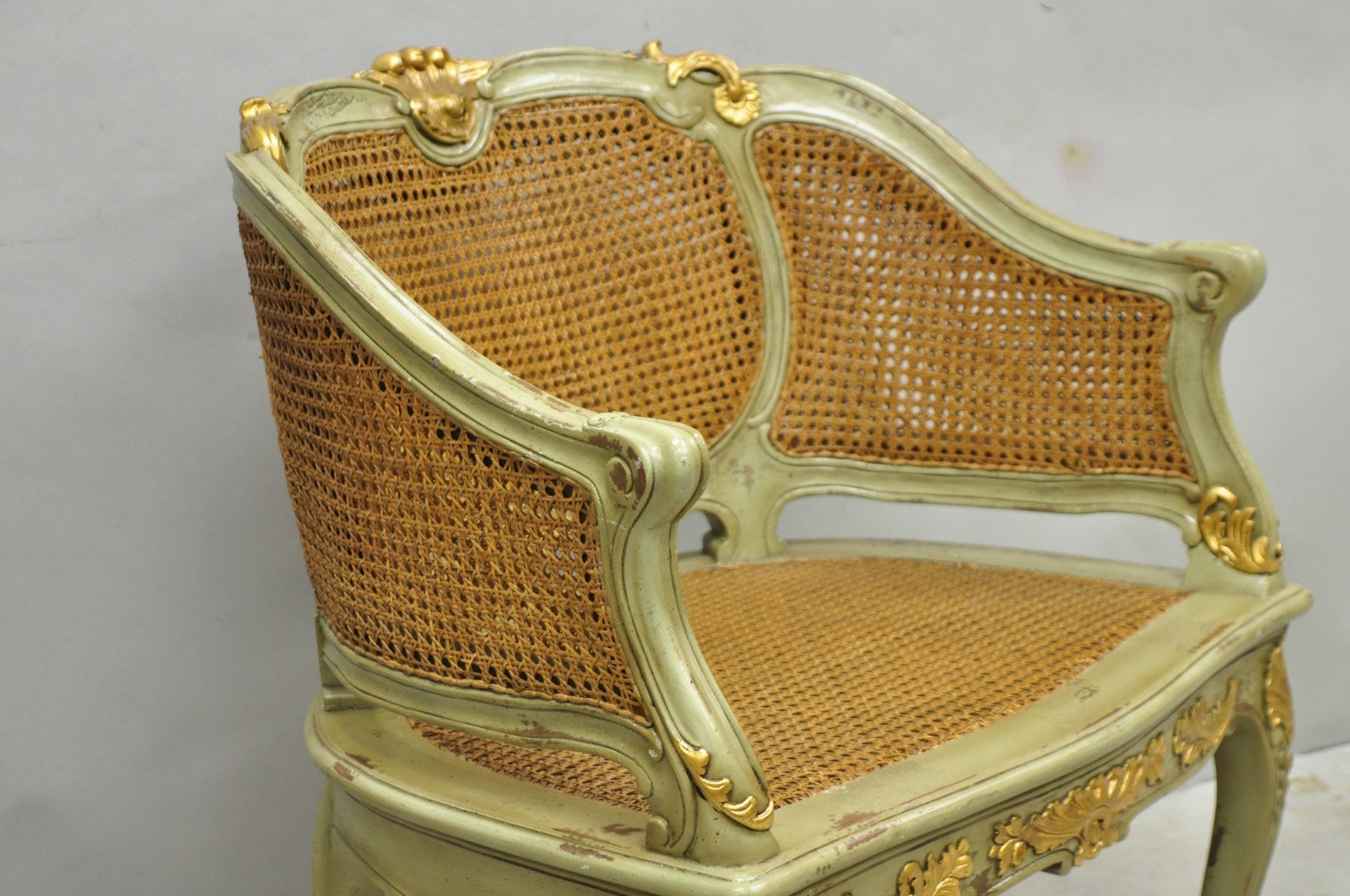 Vintage French Louis XV Style Green Painted Gold Gilt Cane Bergere Arm Chair
