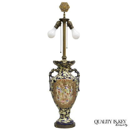 Antique Japanese Chinoiserie Blue Floral Porcelain "Wiseman" Large Table Lamp