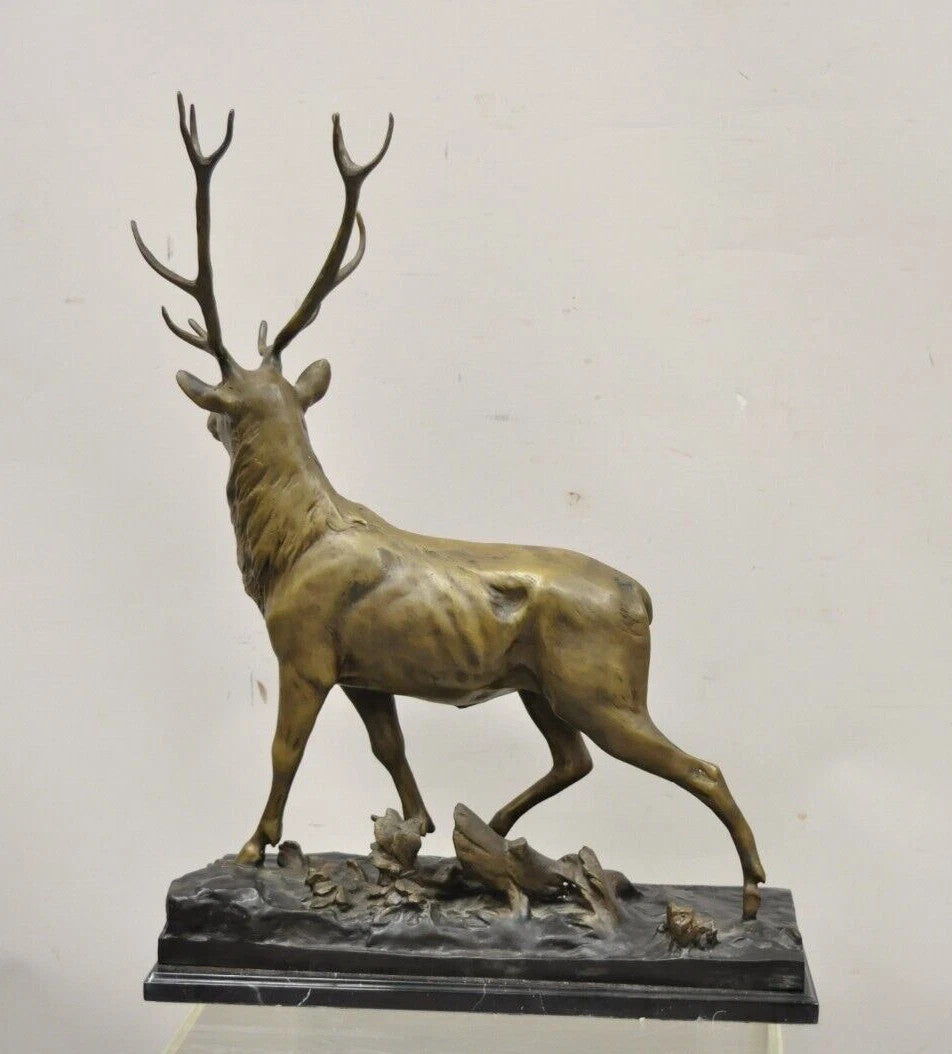 "Walking Deer" Bronze Stag Statue Sculpture on Marble Base After Charles Paillet