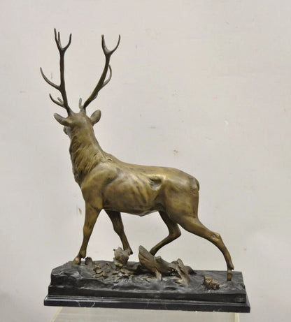 "Walking Deer" Bronze Stag Statue Sculpture on Marble Base After Charles Paillet