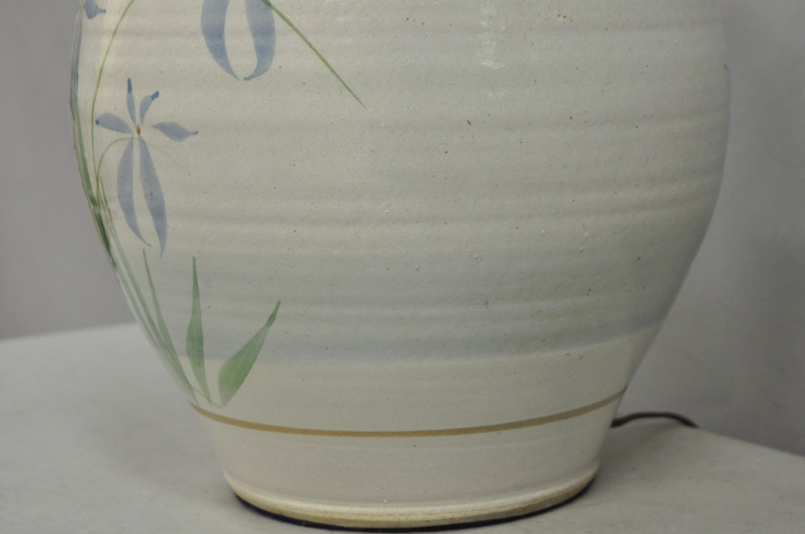 Vintage French Country Large Blue Flower Stoneware Pottery Vase Table Lamp