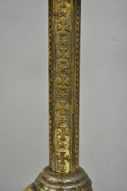 Antique French Renaissance Brass Religious Church Candlestick Table Lamp