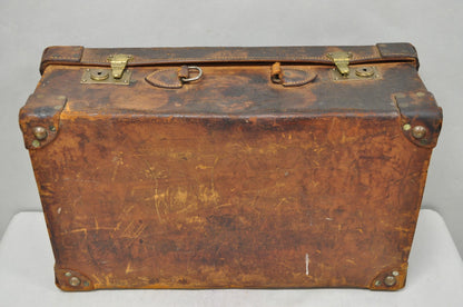 Antique Distressed Brown Leather English Art Deco 24" Suitcase Bag