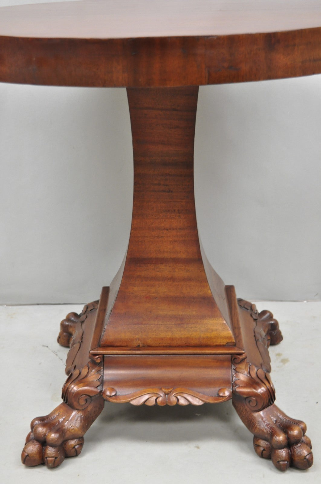 Antique American Empire Round Mahogany Carved Paw Foot Pedestal Base Side Table
