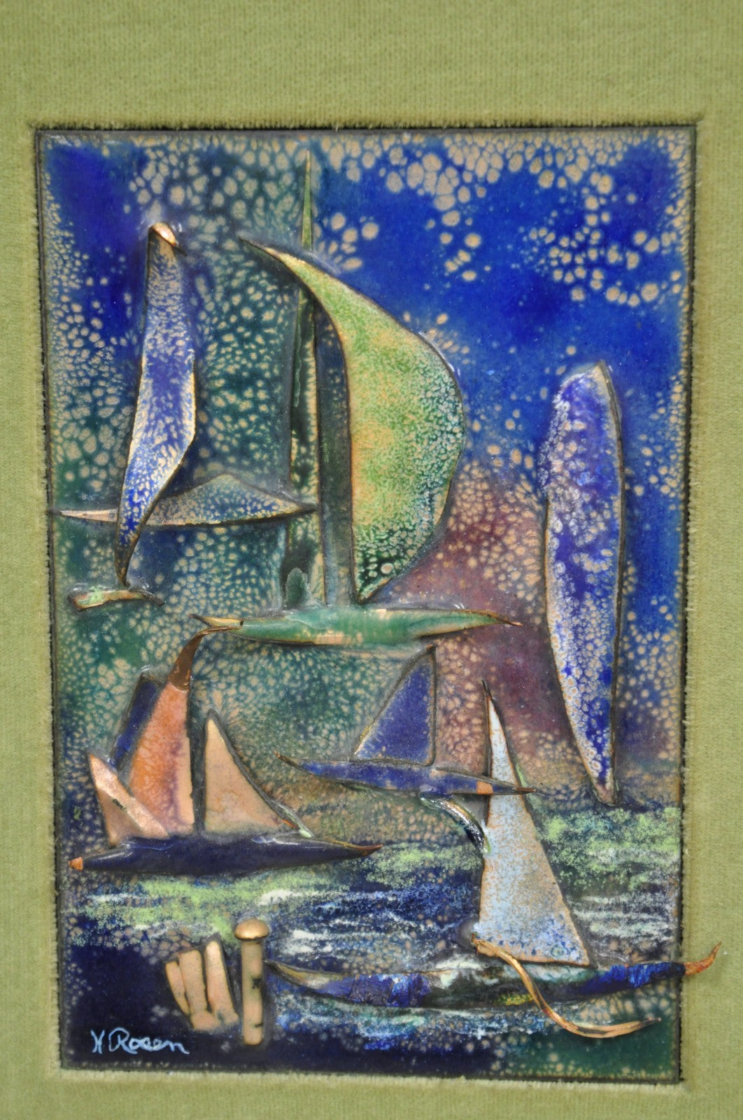 Vintage Mid Centuy Modern Enameled Copper Clipper Ship Art Painting by M. Rosen