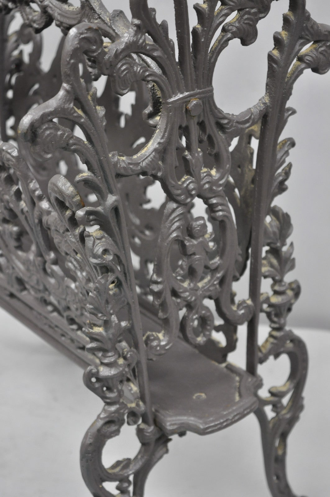 Vintage French Renaissance Victorian Style Cast Iron Magazine Rack with Cherubs