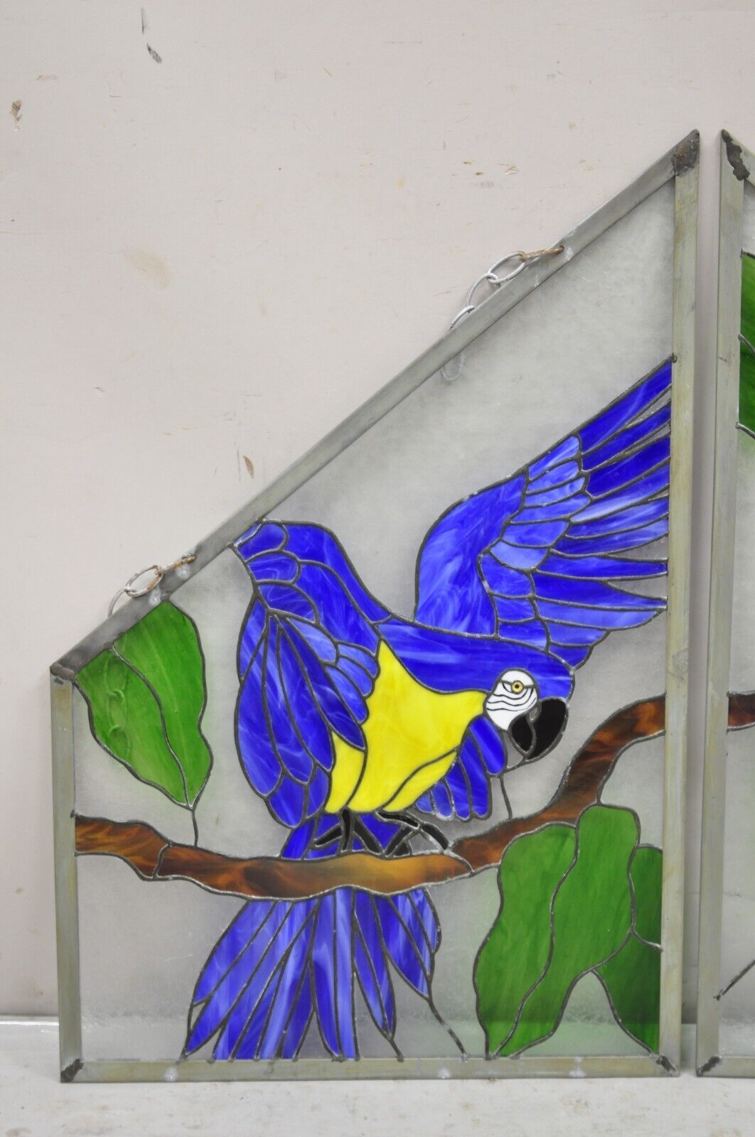 Vintage Leaded Stained Glass Red and Blue Parrot Bird Window Suncatcher - a Pair