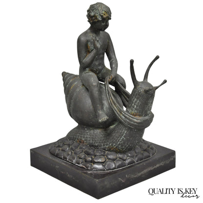 Vintage Mythical Bronze Cherub Riding Snail Sculpture Figure attr Maitland Smith
