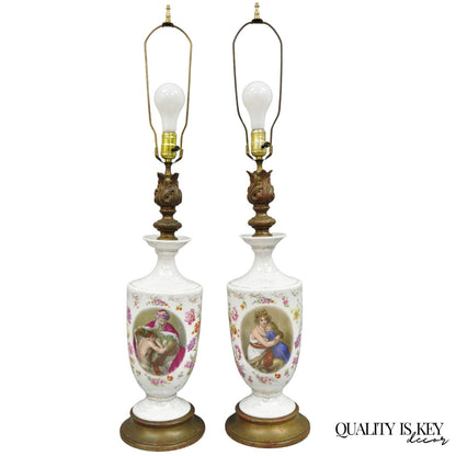 Antique French Renaissance Victorian Porcelain Urn Figural Cameo Table Lamp Pair