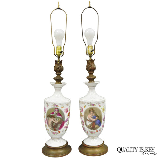 Antique French Renaissance Victorian Porcelain Urn Figural Cameo Table Lamp Pair