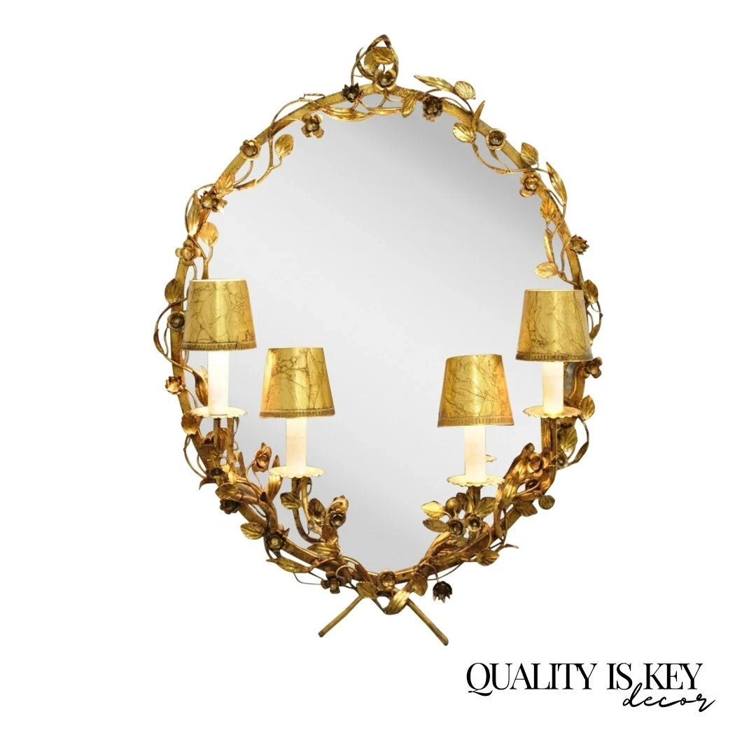 Vintage Italian Hollywood Regency Gold Gilt Iron Floral Wall Sconce Oval Mirror