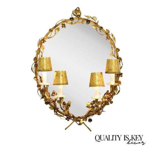 Vintage Italian Hollywood Regency Gold Gilt Iron Floral Wall Sconce Oval Mirror