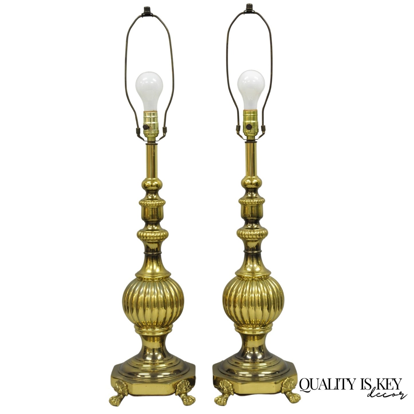 Vintage French Empire Style Burnished Brass Column Paw Foot Table Lamps - a Pair