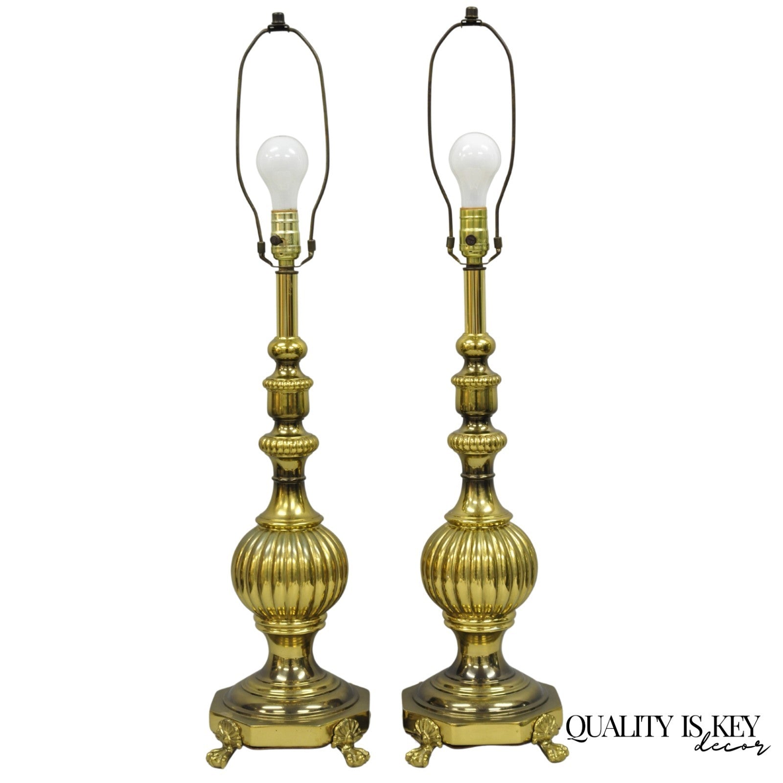 Vintage French Empire Style Burnished Brass Column Paw Foot Table Lamps - a Pair