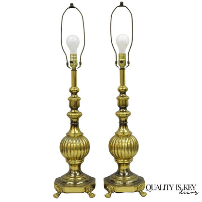 Vintage French Empire Style Burnished Brass Column Paw Foot Table Lamps - a Pair