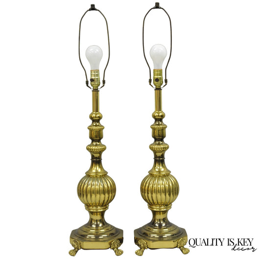Vintage French Empire Style Burnished Brass Column Paw Foot Table Lamps - a Pair