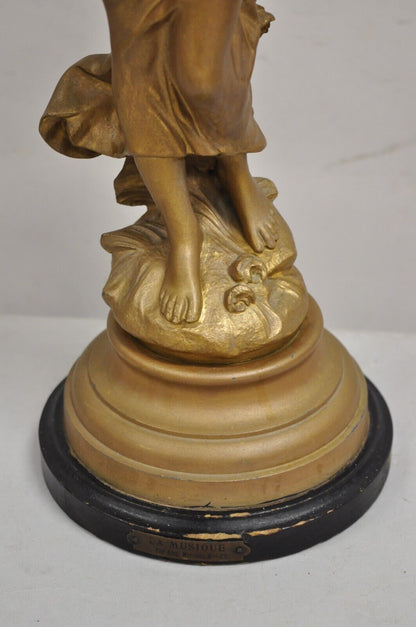 Antique Art Nouveau Auguste Moreau "La Musique" Gold Metal Figural Table Lamp