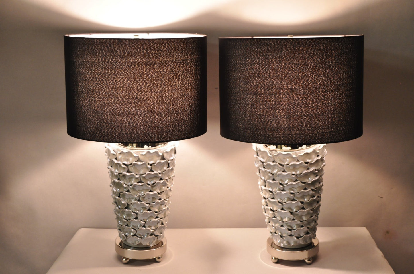 Contemporary Modern Gray Porcelain Leaf Leaves Chrome Table Lamps - a Pair