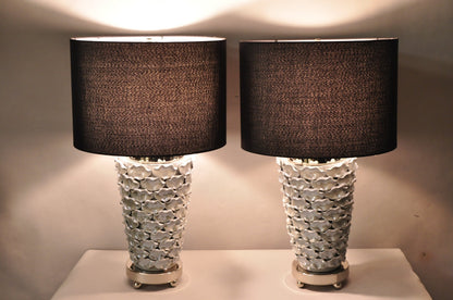 Contemporary Modern Gray Porcelain Leaf Leaves Chrome Table Lamps - a Pair