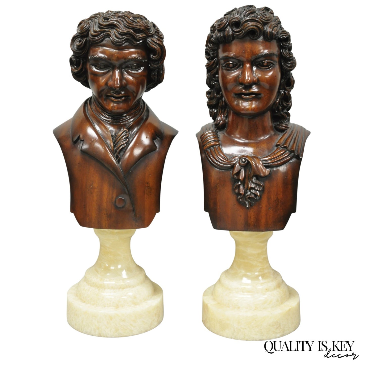 Classical Maitland Smith Style Carved Mahogany Wood Bust on Alabaster - a Pair