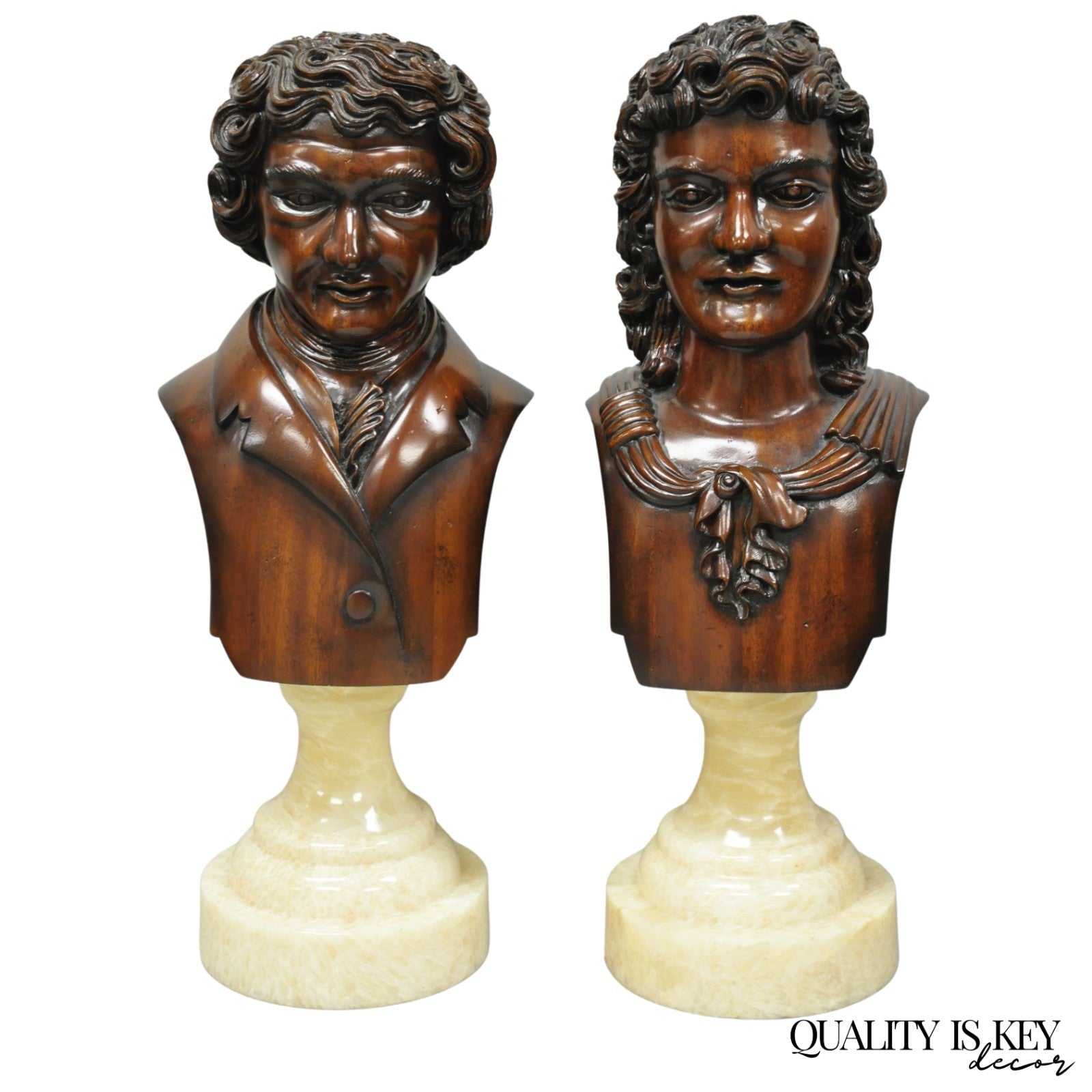 Classical Maitland Smith Style Carved Mahogany Wood Bust on Alabaster - a Pair