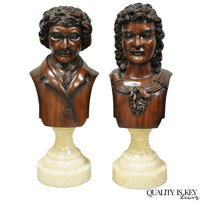 Classical Maitland Smith Style Carved Mahogany Wood Bust on Alabaster - a Pair