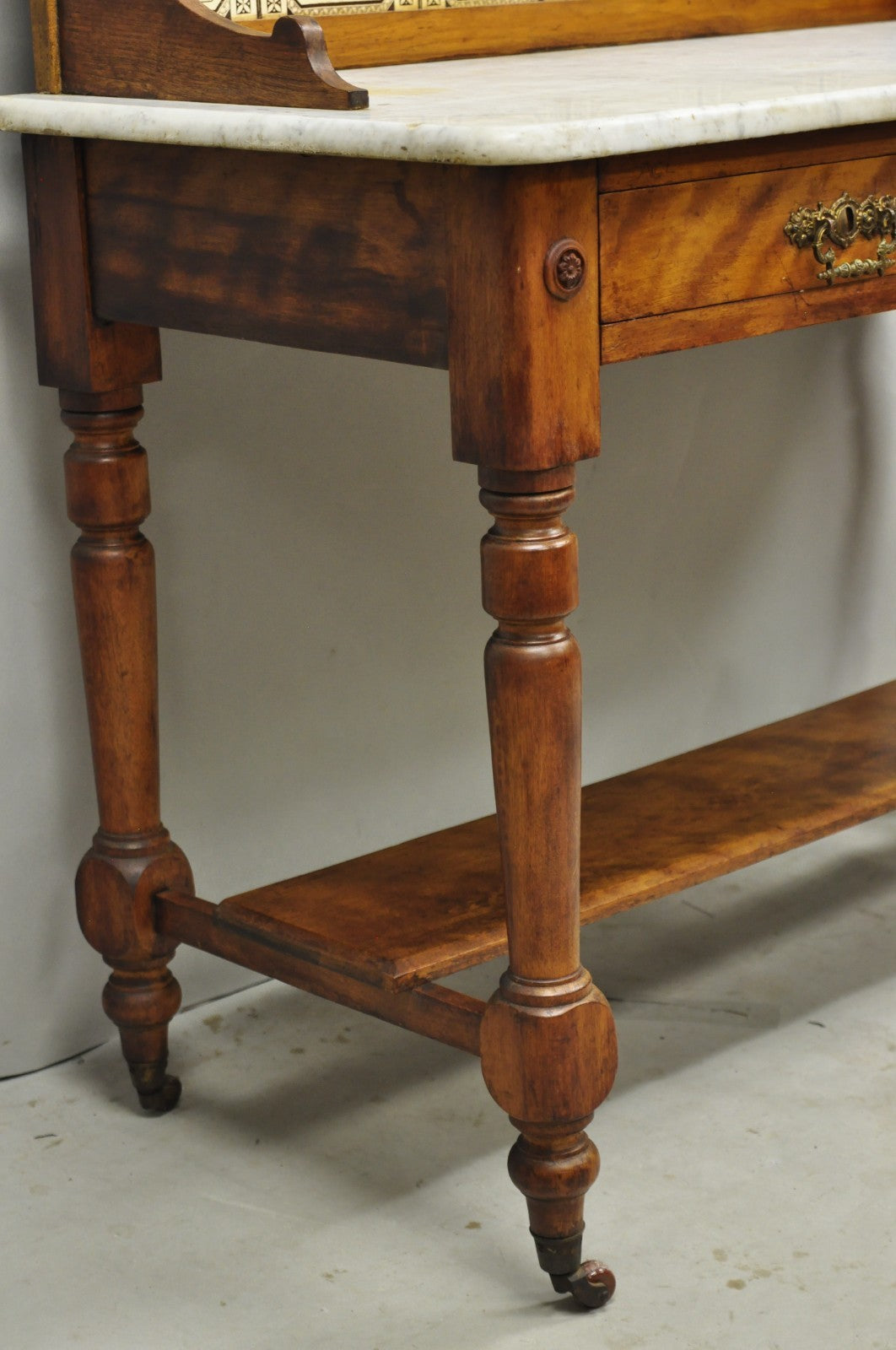 Antique Victorian Walnut Marble Top Washstand Good Luck Swastika Tile Backsplash