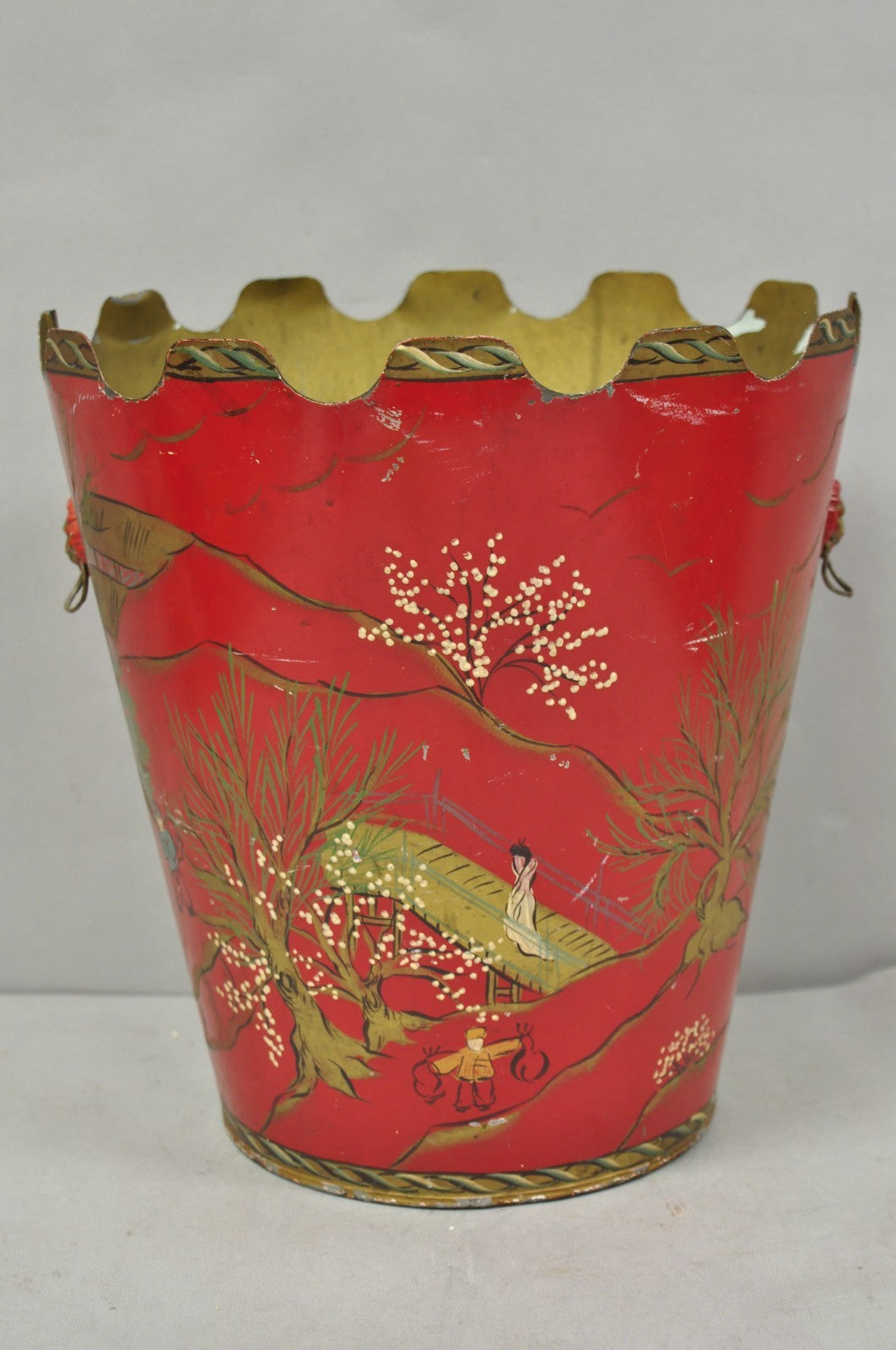 Italian Chinoiserie Hand Painted Oriental Red Tole Metal Wastebasket Trashcan