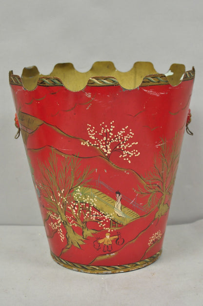 Italian Chinoiserie Hand Painted Oriental Red Tole Metal Wastebasket Trashcan