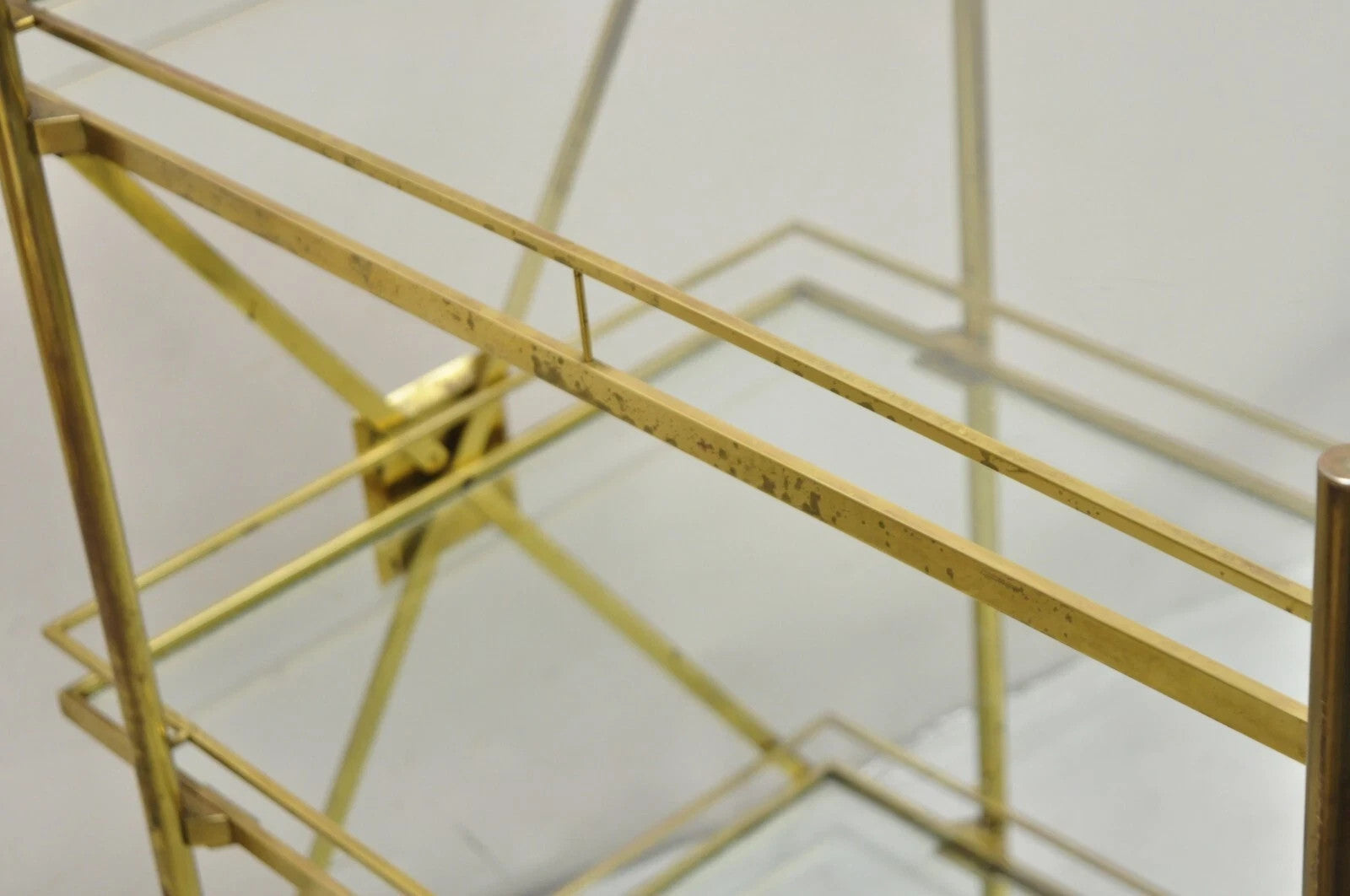 Mid Century Italian Modern 3 Tier Brass & Glass X-Frame Rolling Bar Cart Table