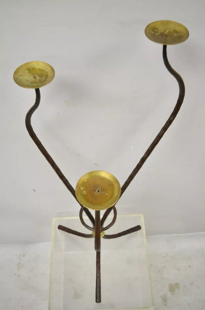 Modernist Iron Brass 3 Tier Sculptural Brutalist Floor Candleholder Candelabra