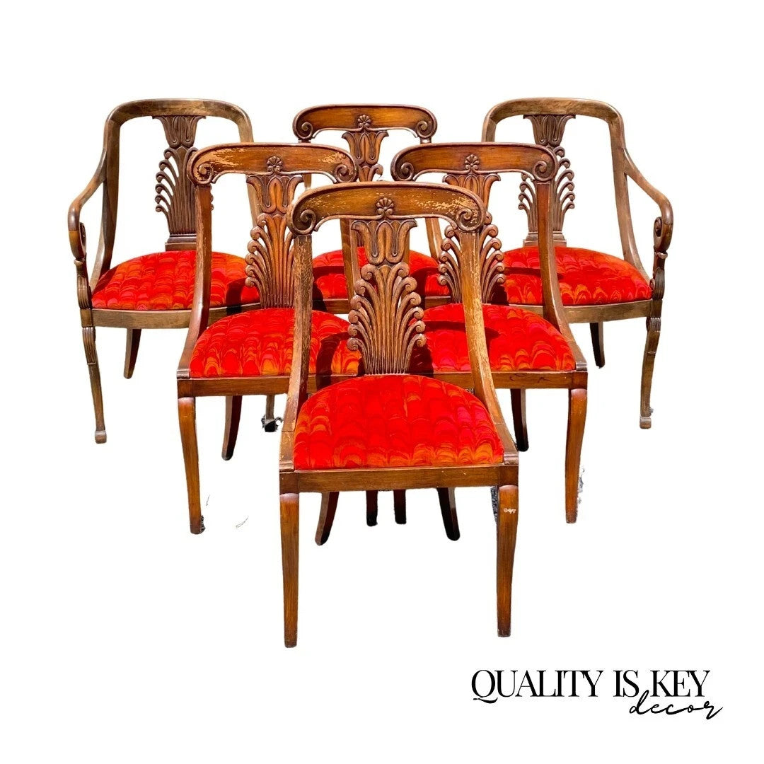 Italian Neoclassical Plume Carved Walnut Saber Leg Dining Chairs - Set of 6